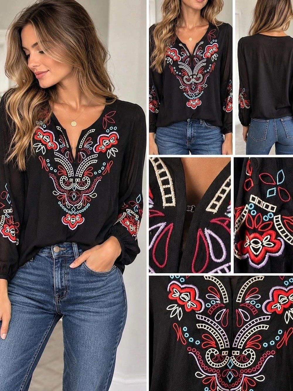Nanette Lepore Black Embroidered Blouse Medium Boho Whimsigoth Sheer Top